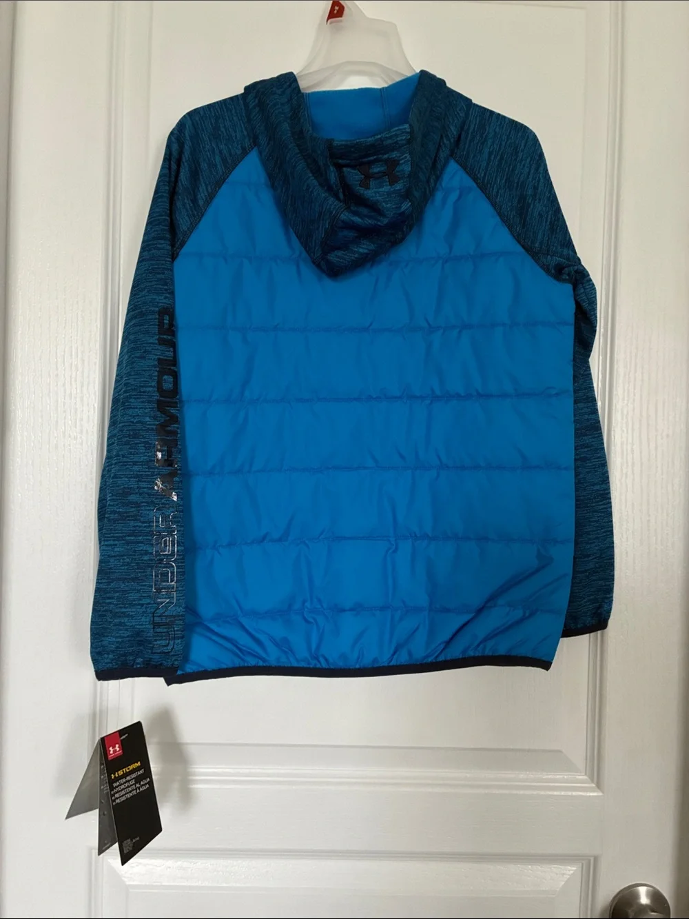 Under Armour Boys' Bright Blue Hooded Puffer with Heathered Navy Sleeves